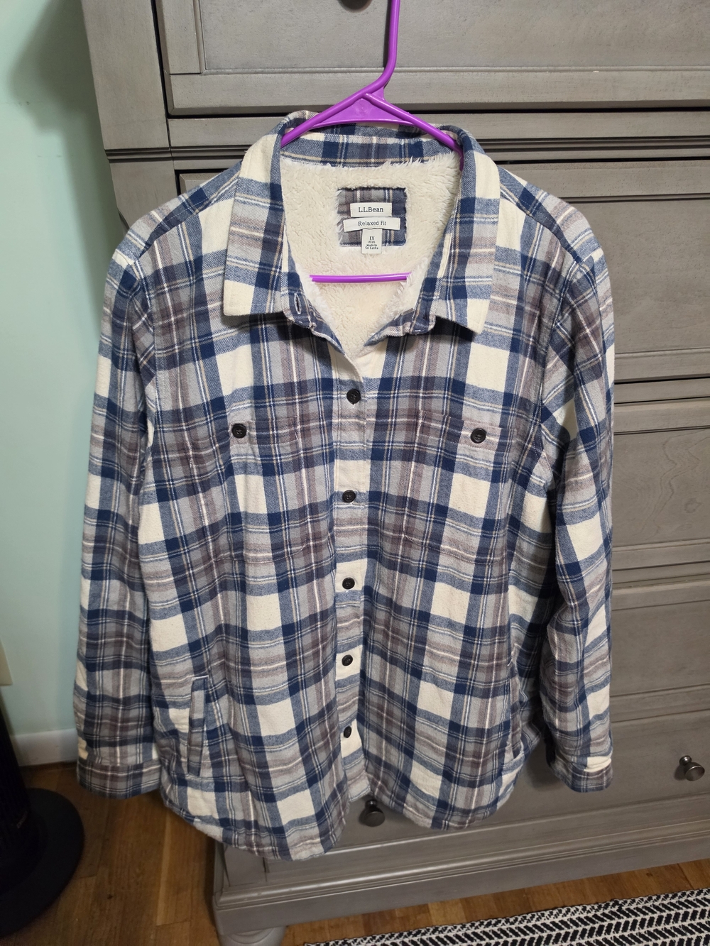 L.L. Bean Blue and White Plaid Sherpa-Lined Button-Down Shirt